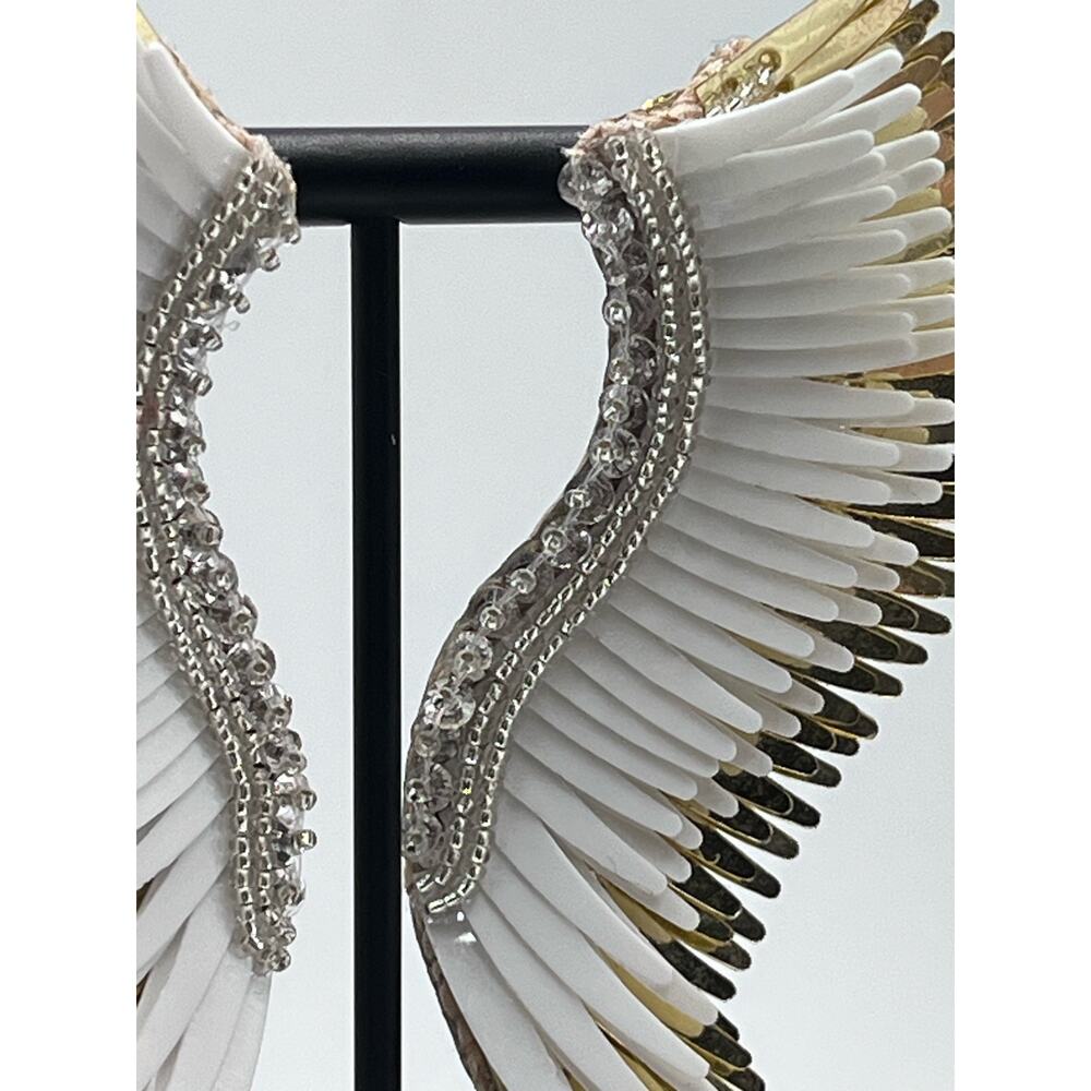 Mignonne Gavigan Gold White Metallic Madeline Large Leather Sequins Wing Earring - Picture 5 of 15